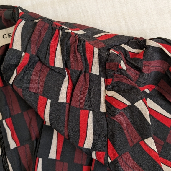 Cefinn Satin Midi Dress 14 Geometric Print V-Neck Waist Tie Work Office Classic - Picture 7 of 13